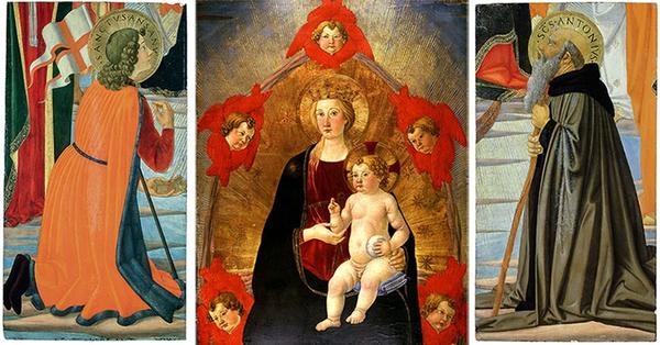 Two newly acquired works by Cosimo Rosselli —Saint Ansanus (left) and Saint Anthony Abbot (right), both painted ca.  1470—rejoin Rosselli’s Madonna and Child in Glory (center) in The Huntington’s collections.  Saint Ansanus (36 1/4 x 19 1/4 in.), Saint Anthony Abbot (36 1/4 x 19 3/8 in.), Madonna and Child in Glory (36 x 28 in.), tempera with gold leaf on poplar wood panel.  The Huntington Library, Art Collections, and Botanical Gardens.