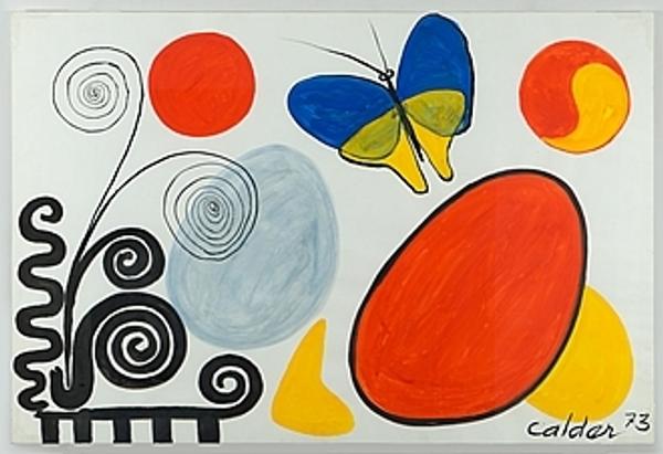 Alexander Calder, Blue and Yellow Butterfly, 1973.  Gouache on paper.  30 x 44 in.  (76.2 x 111.8 cm.).  Signed and dated "Calder 73" lower right.