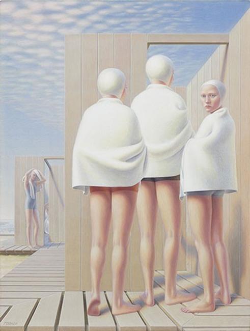 George Tooker, Bathers (Bath Houses), 1950, egg tempera on gessoed board, 20 3/8 x 15 3/8 in.  