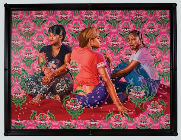 Kehinde Wiley (American, b.  1977), Three Girls in a Wood, 2018, oil on linen, 108 x 144 in., 2018.11, Museum purchase, gift of The Sherwood Foundation.  Courtesy of the artist and Roberts Projects, Los Angeles, California; Photo by Jean-Paul Torno, Courtesy Saint Louis Art Museum