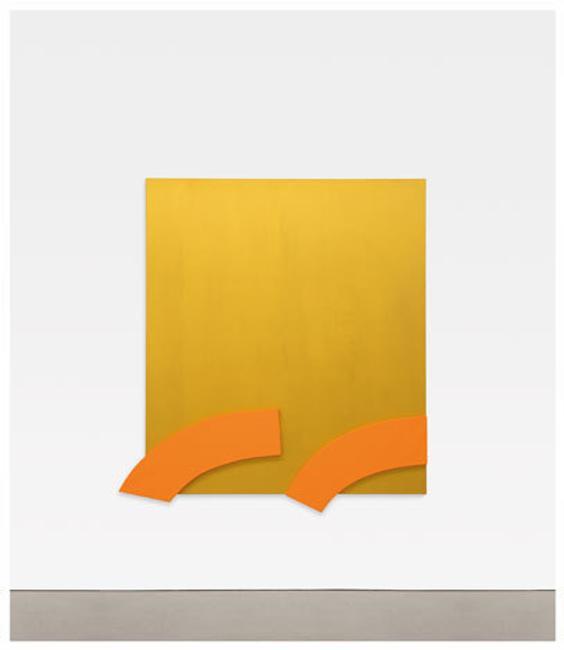 Ellsworth Kelly, Gold with Orange Reliefs, 2013.  Oil and canvas and wood, three joined panels, 79 1/4 x 72 3/4 x 2 5/8 inches; 201 x 185 x 7 cm