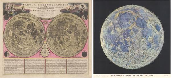 Hans Schwarzenbach / Hallwag: “Der Mond, La Lune, The Moon, La Luna”.  Published 1969 and Jean Baptist Homann: “Tabula Selenographica”.  Published 1710 