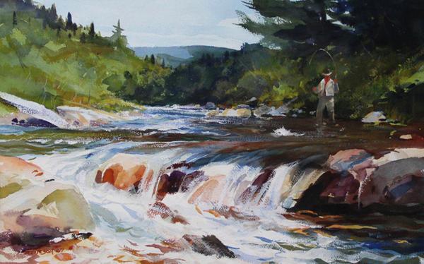 Chet Reneson, Trout Fishing, signed lower left, watercolor on paper, 17 1/2" x 27 1/2"