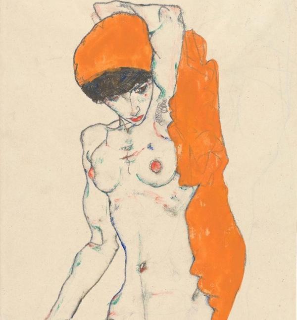 Egon Schiele (Austrian, 1890-1918).  Standing Nude with Orange Drapery (detail), 1914.  Watercolor, gouache, and graphite on paper, 18 1/4 x 12 in.  (46.4 x 30.5 cm).  The Metropolitan Museum of Art, New York, Bequest of Scofield Thayer, 1982