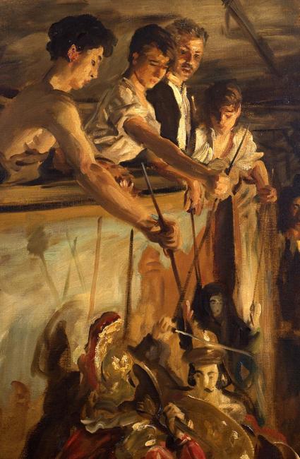 Marionettes, 1903 Alternative title: Behind the Curtain; (Marionettes) Oil on canvas, 28½ x 21 in.  (72.4 x 53.3 cm)