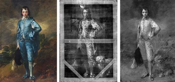 The Blue Boy (ca.  1770) by Thomas Gainsborough (1727-1788) shown in normal light photography (left), digital x-radiography (center, including a dog previously revealed in a 1994 x-ray), and infrared reflectography (right).  Oil on canvas, 70 5/8 x 48 3/4.  The Huntington Library, Art Collections, and Botanical Gardens.  