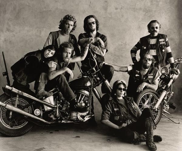 In the exhibition "Irving Penn" at Pace Gallery Palo Alto, Hell's Angels, San Francisco, 1967, by Irving Penn.