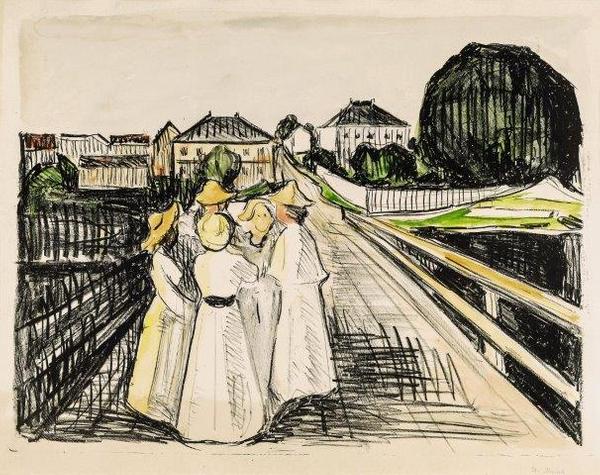 Edvard Munch 1863-1944 ON THE BRIDGE, 1912-13, hand colored lithograph on laid paper.  