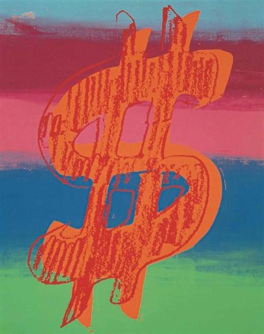 Andy Warhol, Dollar Sign, Acrylic and silkscreen on canvas, 1981, 20" x 15" © Courtesy of Omer Tiroche Gallery