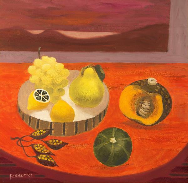 MARY FEDDEN (1915 - 2012) Still Life with Pear, Melon and Grape, 2006 Oil on canvas Size: 50.00 cms x 50.00 cms (19.69 ins x 19.69 inches) Signed lower left 