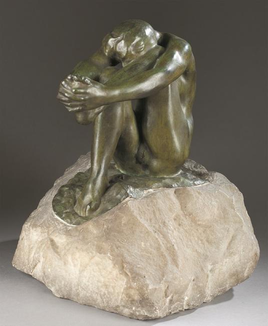 Auguste Rodin (French, 1840-1917), circa 1905 lifetime casting ‘Le Desespoir’ (Despair), green-patinated bronze and carved marble, signed ‘A.  Rodin’ on top of base with raised ‘A.  Rodin’ on underside of bronze, 13¾in high x 12in wide x 11in long.  Authenticated by Comite Rodin, Paris.  Est.  $60,000-$80,000.