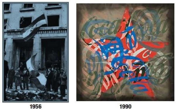 Top: (left) Siege of the Communist Party Headquarters in Republic Square, Budapest, 1956, Erich Lessing (Austrian, b.  1923) Gelitin silver print, Getty Research Institute, © Erich Lessing.  (right) Small Star Cola-Cola III, Pecs, Hungary, 1988, Sandor Pinczehelyi (Hungarian, b.  1946) Oil on canvas, The Wende Museum, © Sándor Pinczehelyi