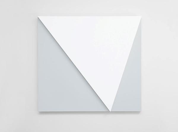 ELLSWORTH KELLY, WHITE RELIEF OVER GRAY, 2013.  OIL ON CANVAS, TWO JOINED PANELS.  60 X 65 INCHES; 152 x 165 CM.  