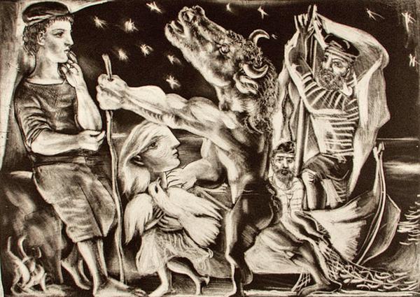 Detail of Picasso's "Minotaure aveugle guidé par une filette dans la nuit (Blind Minotaur Led by a Little Girl in the Night)," 1934.  Etching.