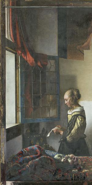 Vermeer, Girl Reading a Letter at an Open Window, 1657–59, after partial restoration.  Gemäldegalerie Alte Meister.  © SKD.  Photo by Wolfgang Kreische.