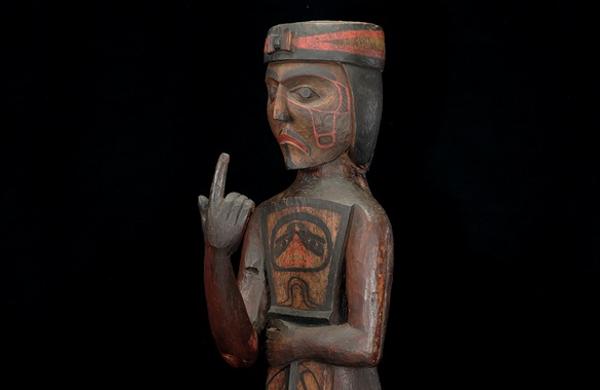 Potlatch figure holding a copper, c.  1880–1895.  Kwakwaka’wakw (Kwakiutl), northwest Vancouver Island, British Columbia.  Red cedar, paint, nails, 50 x 13.5 x 15 in.  Thaw Collection of American Indian Art, Fenimore Art Museum, Cooperstown, New York.  Photo: Richard Walker.