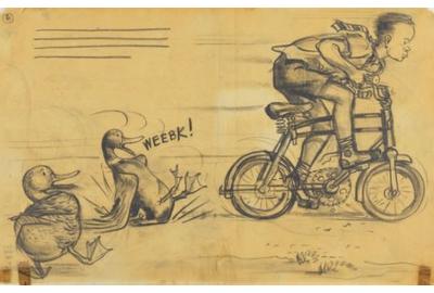 Robert McCloskey (1914–2003), United States ‘“Look out!” squawked Mrs.  Mallard, all of a dither.  “You’ll get run over!”’, 1941, Make Way for Ducklings [The Viking Press 1941], graphite on tracing paper, Courtesy of The May Massee Collection, Emporia State University Special Collections and Archives, Emporia State University 