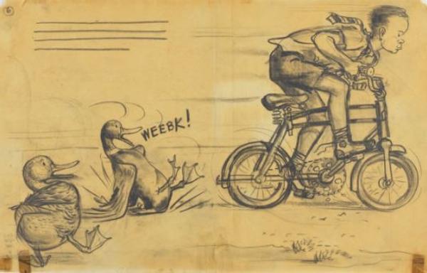 Robert McCloskey (1914–2003), United States ‘“Look out!” squawked Mrs.  Mallard, all of a dither.  “You’ll get run over!”’, 1941, Make Way for Ducklings [The Viking Press 1941], graphite on tracing paper, Courtesy of The May Massee Collection, Emporia State University Special Collections and Archives, Emporia State University 