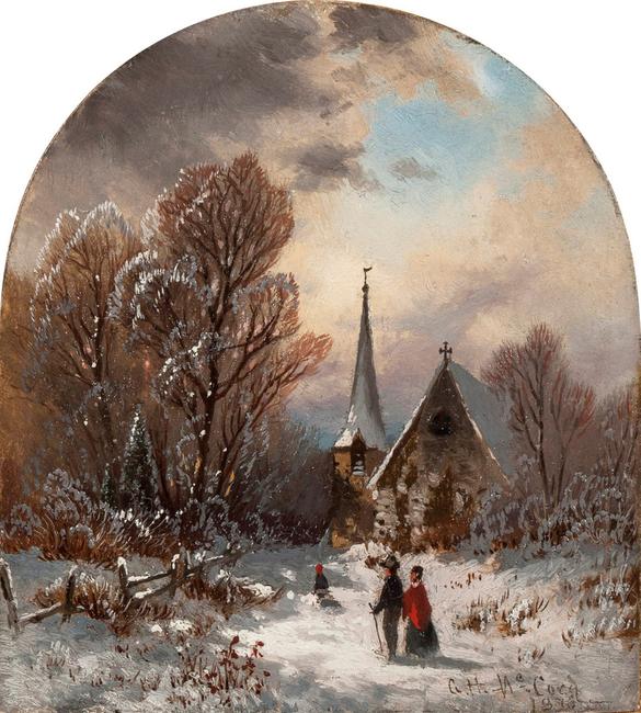 GEORGE H.  MCCORD (1848-1909), Christmas, 1873.  Oil on card, 6 x 5 1/8 inches.  Signed and dated 1873, lower right.