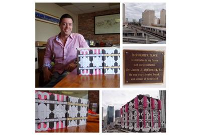 Sean McCormick, Owner and Curator at McCormick Place in Downtown Miami poses with the McCormick Place design concept that is now a rooftop mural (visible by all points in central Downtown) created by Miami-based Venezuelan artist, Eleazar Delgado.