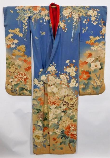 Circa 1890 Meiji Period hand-painted Furisode kimono, decorated with yuzen dye flowers rendered with multiple tones and depth accentuated by embroidery (est.  $2,000-$3,000).