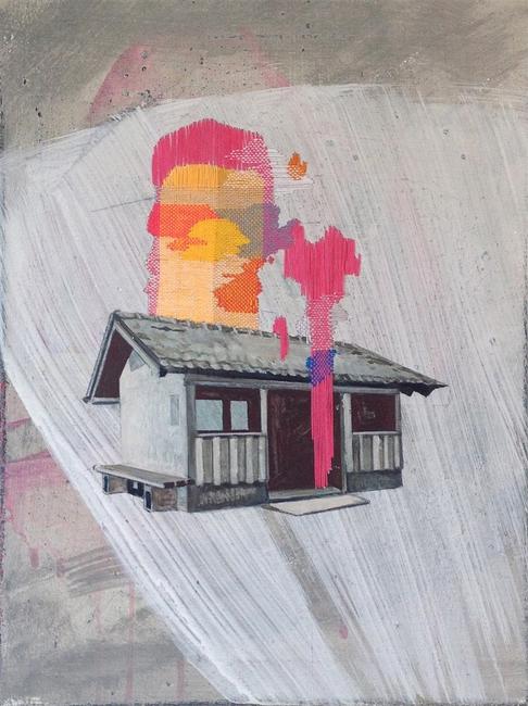 Meike Lohmann, Shelter, Mixed Media with Embroidery on Canvas, 15.75'' x 11.81''