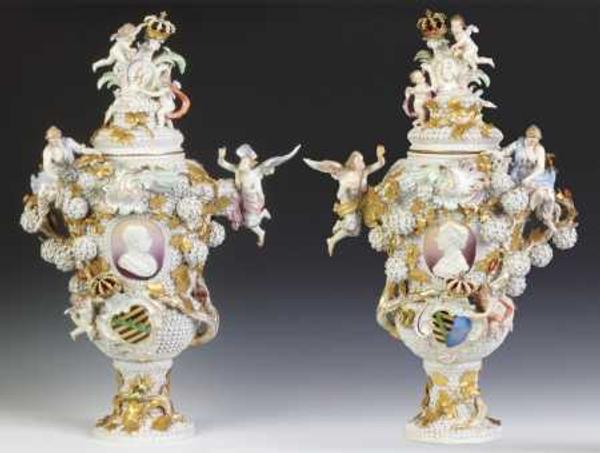 This magnificent pair of antique Meissen covered urns sold as a single lot for $201,250.