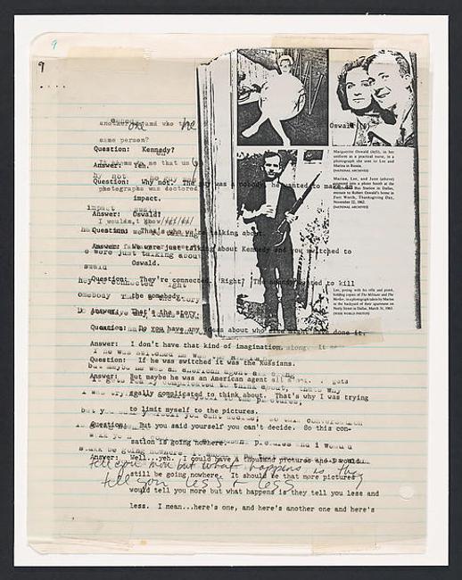 Lutz Bacher (American, born 1943).  The Lee Harvey Oswald Interview (detail), 1976.  Collage in 18 parts, 11 x 8 ½ in.  (27.9 x 21.6 cm) each.  The Metropolitan Museum of Art, New York, Purchase, The Horace W.  Goldsmith Foundation Gift, through Joyce and Robert Menschel and Anonymous Gift, 1999.  Courtesy of the artist and Greene Naftali, New York 