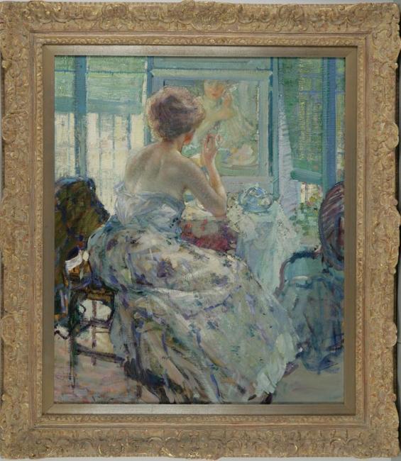 Richard Edward Miller (American, 1875-1943), "Woman at her Vanity with Earring," 1910-1914, oil on canvas