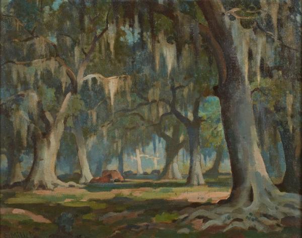 Original oil painting by Clarence Millet (La., 1897-1959), titled Moss-Laden Oak Trees, signed lower left (est.  $4,000-$6,000).