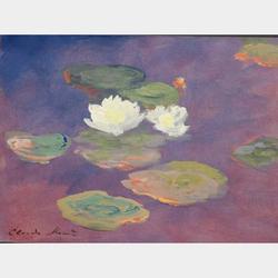 Oil and gouache painting attributed to Claude Monet (Fr., 1840-1926), titled Les Nymphaes (Water Lilies), signed lower left (est.  $40,000-$60,000).