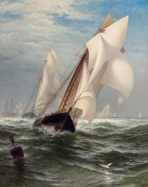 EDWARD MORAN, American (1829-1901), "The Winning Yacht," oil on canvas, signed lower left Edward Moran, 40 x 32 inches, Estimate:$40,000-60,000