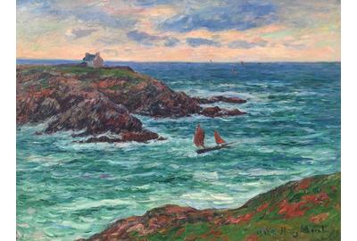 HENRY MORET (French, 1856-1913) Marine Douëlan, Bretagne (Voiliers au large de Douëlan) Oil on canvas 23 5/8 x 31 7/8 inches (60 x 81 cm) Signed and dated lower right: Henry Moret, 1902 Framed: 34 x 42 inches