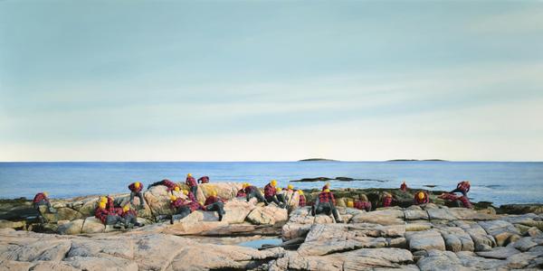 Cobi Moules, Untitled (Rocky Coast of Maine I), 2019.  Oil on canvas, 34 x 60 in.  Courtesy of the artist and Kasper Contemporary.