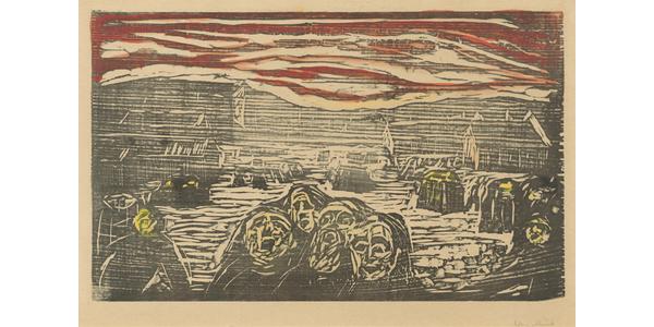 Edvard Munch (Norwegian , 1863 – 1944) Crowds in a Square , 1920.  Color woodcut.  National Gallery of Art, Washington, Gift of the Epstein Family Collection , 2013.