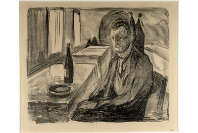 Edvard Munch (Norwegian 1863-1944) Self-portrait with a Bottle of Wine, 1930 Lithograph 16 ½ x 20 ¼ inches, Broda collection