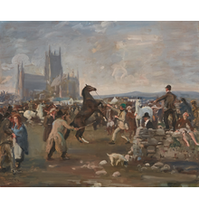 Oil on canvas painting by Sir Alfred James Munnings, P.R.A., R.W.S.  (British, 1878-1959), titled The Kilkenny Horse Fair, 10 inches by 24 inches ($500,000).