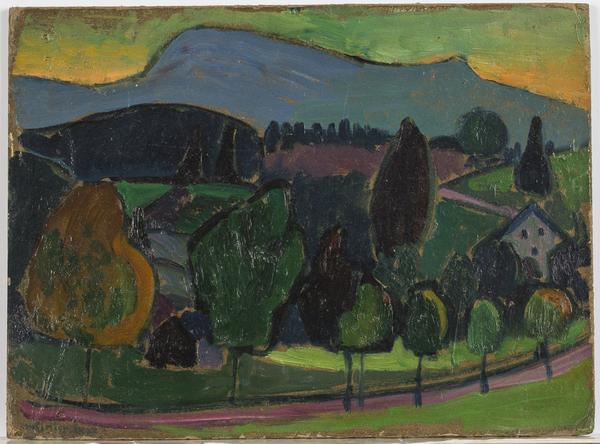 Gabriele Munter(German, 1877-1962), Der Blaue Berg (The Blue Mountain), Oil on Board, 1908, Height 10 1/8 in.  x Width 13 5/8 in., 