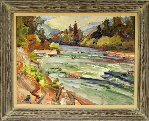 Oil on canvas landscape by Mychajlo Moroz (Ukrainian, 1904-1992), showing the Esopus Creek along the east side of the Catskill Mountains, one of three works by Moroz in the auction ($2,000).