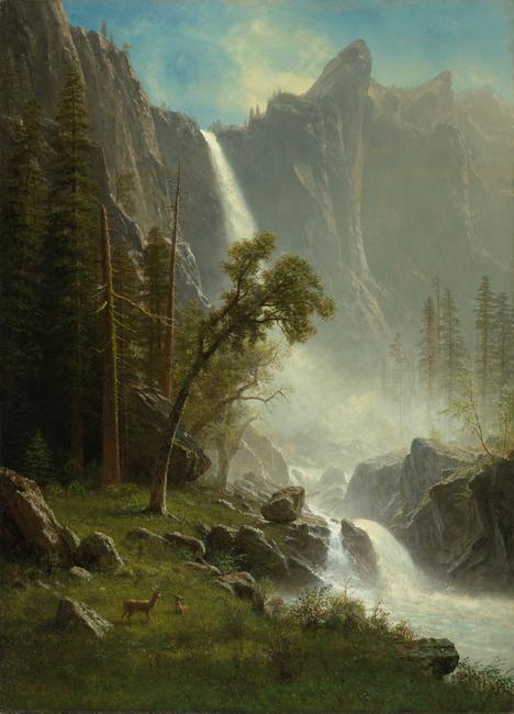 Albert Bierstadt, American, 1830–1902, Bridal Veil Falls, Yosemite, ca.  1871–73.  Oil on canvas.  North Carolina Museum of Art, Raleigh, Purchased with funds from the North Carolina State Art Society (Robert F.  Phifer Bequest) and various donors, by exchange.