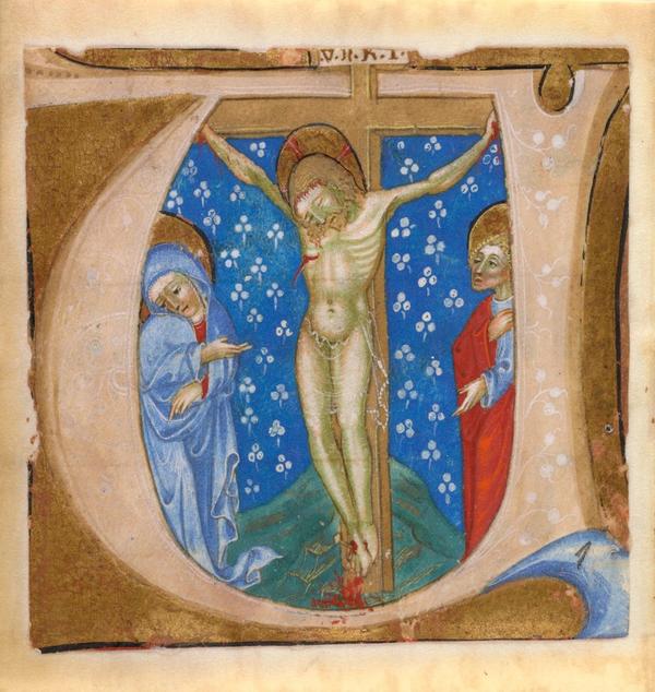 Illuminations could be cut from manuscripts and sold as individual works.  [Crucifixion Scene, extracted from illuminated manuscript, ca.  1300-1350, Italy; Gift of Rachel Weller and Allen S.  Weller 2003-4-4.  Courtesy of Krannert Art Museum.] 