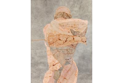 Nancy Grossman (b.1940), Tethered Figure with Rising Arms, 1976, collage of dyed paper, tape, and watercolor on Masonite, 48 x 35 1/2 inches / 121.9 x 90.2 cm, signed 