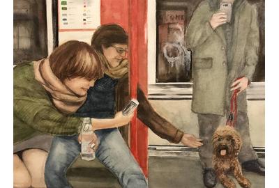 Nancy Holleran,Dog Paparazzi, Watercolor & Gouche on Arches, 12'' x 18''