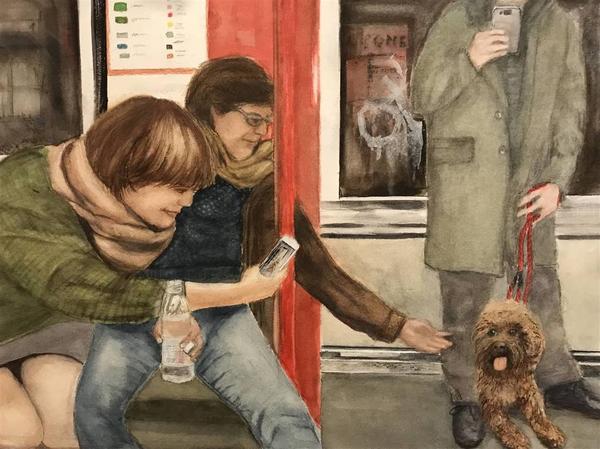 Nancy Holleran,Dog Paparazzi, Watercolor & Gouche on Arches, 12'' x 18''