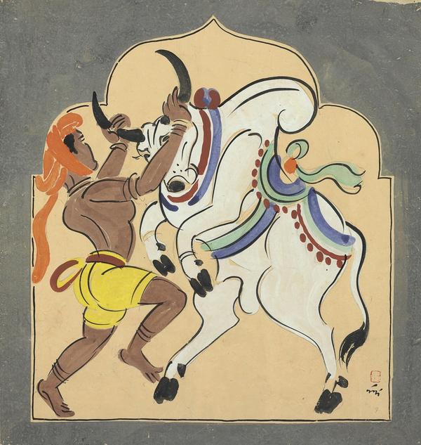 andalal Bose (1882-1966), Untitled (Bull Handler Haripura Poster) Tempera on Paper Estimate: $30,000-50,000 Executed in 1937; Commissioned by Mohandas K.  Gandhi for the Indian National Congress Party meeting 1938, Haripura 