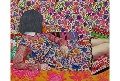 Naomi Okubo, Camouflage #3, 2017, acrylic on cotton cloth, 16×12 in 