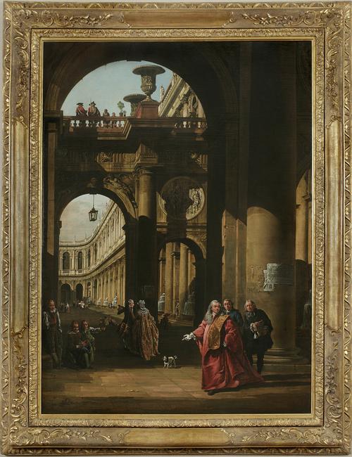 Bernardo Bellotto (Venice 1722-1780 Warsaw) Architectural Capriccio with a Self-portrait in the Costume of a Venetian Nobleman, c.  1762-65 Oil on canvas, 61 1/2 x 44 1/4 inches 