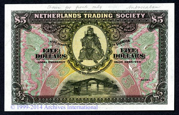 This beautiful Netherlands Trading Society $5 color trial specimen sold for $9,195 at AIA's Sept.  27th auction in Hong Kong, China.