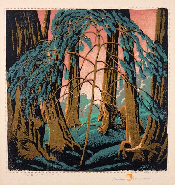 Gustave Baumann, Redwood, 1934; printed 1960.  Color woodblock print, 12 7/8 x 12 7/8 inches.  The Ann Baumann Trust, Courtesy of The Annex Galleries