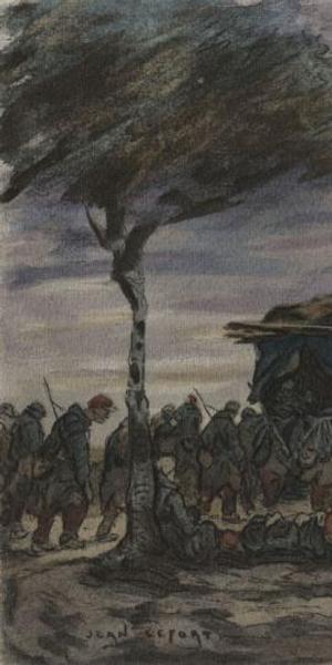 Jean Lefort, 1914-19.  Watercolor.  A steady march of French soldiers descend under a dark, threatening sky.